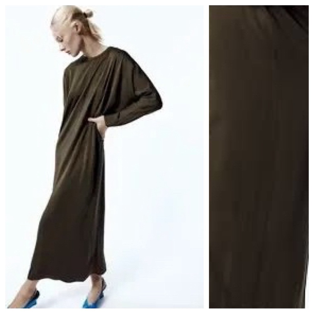 NWT. Zara Khaki Green Viscose Midi Shift Dress with Bat Wing Sleeves. Size M.